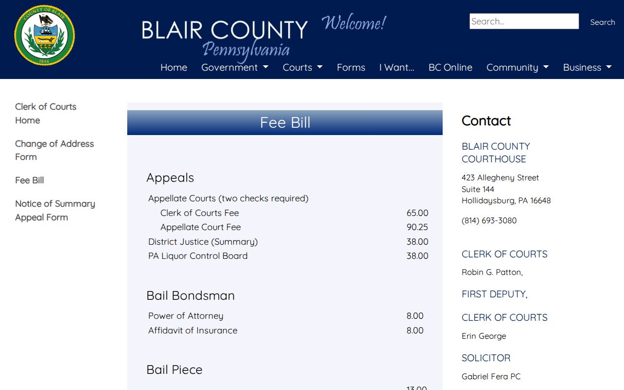 Altoona previous residents Blair Clerk of Courts records fee page