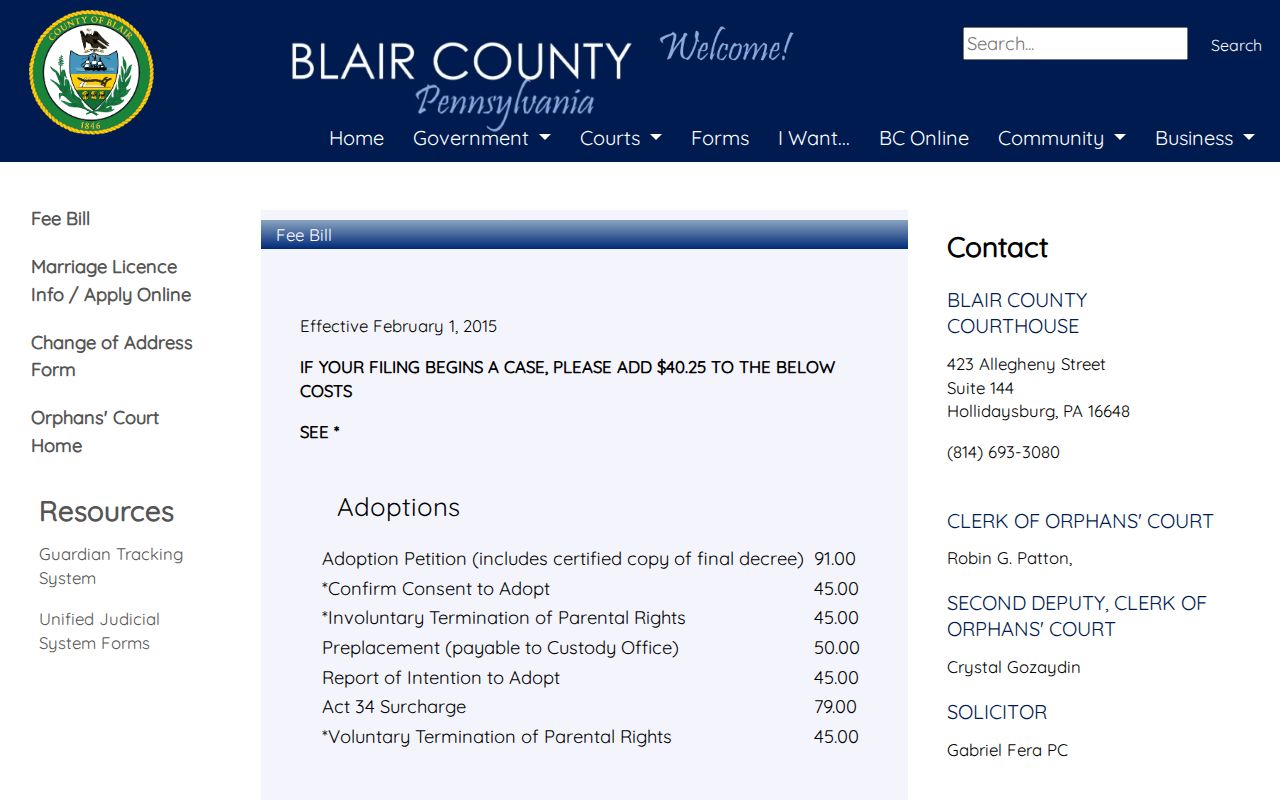 Altoona previous residents Blair Clerk of Orphans Court records fee page