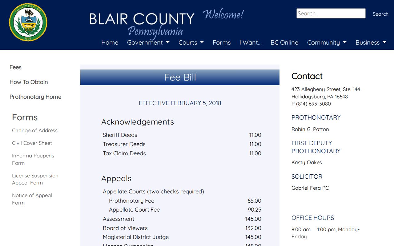 Altoona previous residents Blair Prothonotary civil records fee page