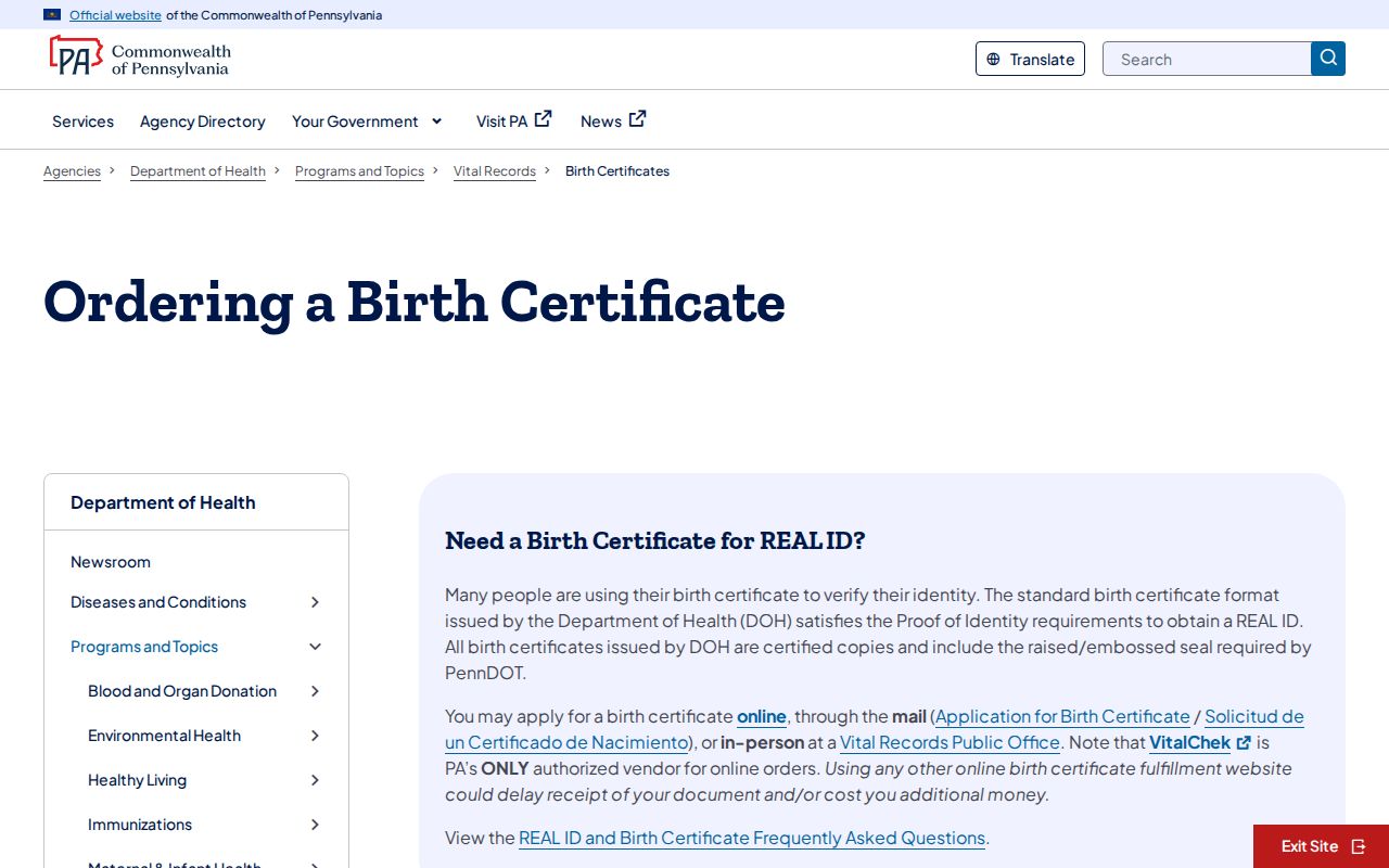 Altoona resident lookup Pennsylvania birth certificate application information